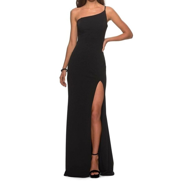 La Femme One Shoulder Stretch Slit Evening Gown Dress Black Women Size 14 NWOT - Picture 1 of 11